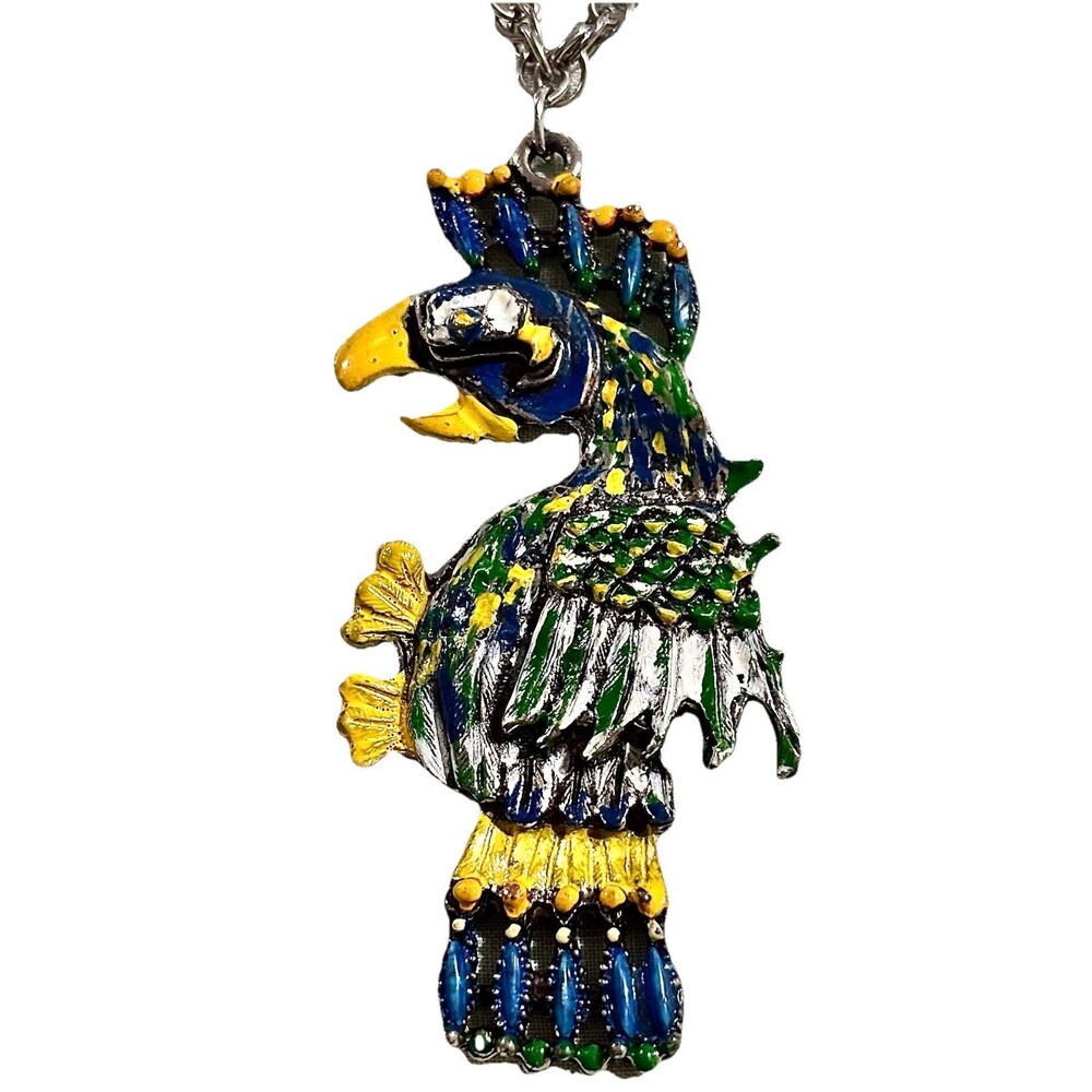 VTG Tropical Parrot Bird Pendant Necklace Large Colorful Statement Maximalist